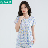 AB母亲节纯棉女中老年夏薄款家居服妈妈上衣宽松大码印花短袖汗衫 蓝雅【上衣】 L