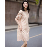 德玛纳【法式万人迷】夏季重工蕾丝绣花宽松腰圆领短袖A字女式连衣裙