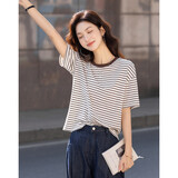德玛纳【悠闲派】夏季简意复古条纹五分袖打底衫小个子宽松遮肉女式t恤