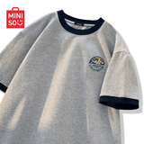 名创优品（MINISO）纯棉t恤男夏季撞色宽松高级感2026新款青少年潮流短袖 麻灰 XL