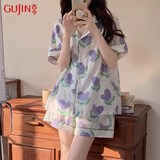 古今（GUJIN）春夏上新【100%纯棉】睡衣女棉纱家居服可外穿睡裤清新大码套装L