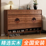 雷扬新中式实木鞋柜家用门口入户玄关柜一体靠墙大容量收纳储物门厅柜 祥云胡桃（长100cm宽35cm高101cm）