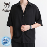 西域骆驼（VANCAMEL）短袖衬衫男夏季港风帅气男士宽松外套百搭休闲男装衬衣 黑色 M