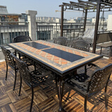 梵派（FAPOLITE） 户外桌椅无烟木炭碳电烤炉烧烤架组合铸铝庭院室外铁艺家用烤桌 斜格椅6张+200橙砖双炉烧烤桌 碳烤+电烤火锅