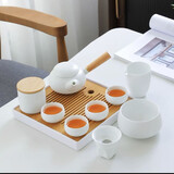 品茶客 全季酒店同款茶具套装陶瓷定窑哑光日式旅行茶具套装带茶盘  壶4杯方茶盘竹罐公道杯虑组茶洗