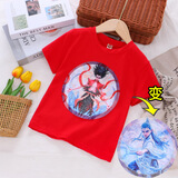 动物城兔子狐狸男女儿童哪吒t恤变色亮片爱莎长袖宝宝纯棉上衣服 大红色 哪吒变 120 （建议身高110-120cm）