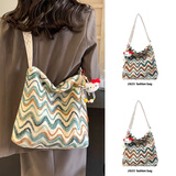 铂呐苓托特包通勤大容量松弛感包包女斜挎水桶包宽带单肩针织包帆布包 民族风包包白色【带随机挂件】