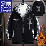 罗蒙（ROMON）国风刺绣加绒夹克男士秋冬季加厚棉衣连帽外套青少年羽休闲服男装 2307黑色 加绒 XL （约130-150斤可穿）
