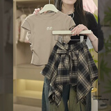 女童露背短袖T恤不规则格子半身裙套装2026夏款中大童裙裤甜酷风9 套装【T恤+裙子】 160