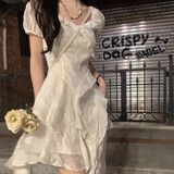 凡伊聆法式连衣裙纯欲裙子女夏季2025新款小个子显瘦收腰仙女裙小白裙 法式荷叶边提花连衣裙【初恋白】 L