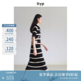 旅途原品（ltyp）真丝亚麻棉休闲V字翻领条纹针织连衣裙女直筒中长裙 杏黑色-经典条纹-真丝亚麻棉 L -XL-165-170cm（现货）