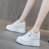莱然休闲内增高女鞋子牛皮厚底运动10cm小白鞋透气单鞋2025春秋新款 白色单鞋A95 37