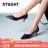 星期六（St&Sat）女鞋石头纹羊皮革通勤浅口猫跟单鞋 黑色（皮面） 36