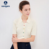 Navigare意大利小帆船短袖针织衫女士夏季舒适修身小外套中袖开衫短款T恤 椰奶白 L 码