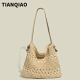天丂草编包包女编织七夕大容量波西米亚单肩托特包海边度假草编腋下包 民族风草编包【米色】