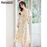 品彩（PinCai）短袖连衣裙女甜美泡泡袖V领碎花连衣裙温柔减龄仙女裙P52Q093