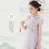 迪士尼女童连衣裙儿童裙子国风汉服夏季新中式中大童公主裙DQ080紫色140