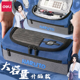 得力笔袋男童大容量简约文具盒火影忍者联名日系帆布多层文具袋男孩子小学生初中生高中笔盒多功能手提 佐助蓝色(特大容量)