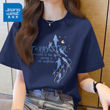真维斯（Jeanswest）100%全棉短袖女款夏季2025新款宽松小个子韩版t恤女装落肩半袖衫 藏青 星河月夜_Z XL