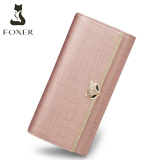 金狐狸（FOXER）女士钱包女牛皮长款钱夹大容量手拿包多卡位搭扣钱包轻奢生日