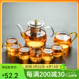 瓷牌茗茶具 玻璃茶具套装家用功夫茶具带过滤内胆泡茶壶茶杯盖碗整套茶具 金盖雅趣壶金色杯8件套