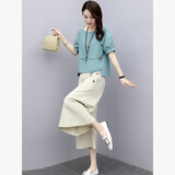 妍莉芬休闲裤女装棉麻衣服套装女2026年夏季新款休闲阔腿裤两件套裤子 上蓝+下米 3XL (建议135斤-165斤)