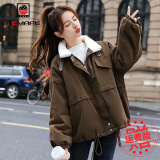 AEMAPE外套女2025春秋冬季新款时尚短外套女装羊羔毛加绒加厚工装 棕色 S _建议80-100斤