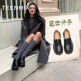 天美意芝士分子乐福鞋厚底女鞋复古一脚蹬小皮鞋新款 黑色 38