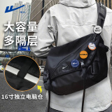 回力斜挎包男大容量潮牌港风单肩包16英寸电脑包休闲机能工装背包 黑色 【徽章4枚+零钱袋】