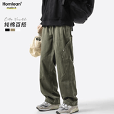 Homlean美式纯棉休闲裤男夏季小众潮牌复古宽松工装长裤子HS60军绿色2XL