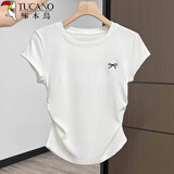 啄木鸟正肩短袖t恤女圆领蝴蝶结刺绣夏季新款褶皱收腰半袖上衣 白色 XL
