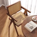 众淘实木餐椅家用昌迪加尔椅中古风扶手藤编椅子咖啡店简现代休闲藤椅 【热销款】樱桃木色-藤编座板