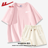 回力（Warrior）纯棉短袖t恤华夫格短裤两件套女2025夏季多巴胺休闲宽松运动套装