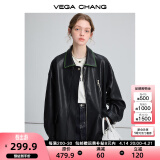 VEGA CHANG黑色皮衣女2025春秋宽松显瘦机车风pu皮短外套 松绿黑 S