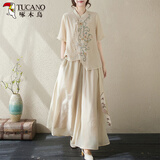 啄木鸟妈妈夏装新中式国风套装2025新款中老年女装休闲棉麻上衣两件套Z 卡其色 3XL （推荐120-135斤）