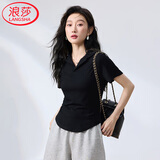 浪莎短袖t恤女夏款纯欲风简约纯色百搭polo衫修身显瘦弧形下摆上衣
