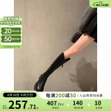 苏茵茵【蒋依依同款】女靴V口长筒靴粗跟高筒骑士靴加绒靴子女长靴冬季 黑色（单里） 37