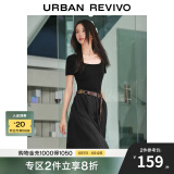 UR女装新复古回潮风拼接梭织修身长款连衣裙UWG740038 正黑 S