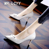 蓝晨语依 法式高跟鞋女尖头欧美性感水钻小众设计感细跟单鞋潮流新款 米白色 37