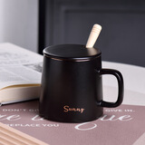 瓷魂陶瓷马克杯带勺盖咖啡杯牛奶杯早餐杯办公杯男女茶杯经典黑350ml