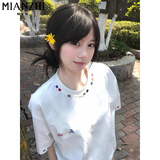 棉致重磅纯棉圆领刺绣薄款短袖t恤女夏季2026新款宽松休闲半袖上衣 482白色【高品质22.5】 M 80-100斤