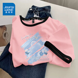 真维斯（Jeanswest）短袖t恤女夏季新款纯棉女装上衣服撞色宽松ins风小个子女生半袖衫 粉红 柔软的梦境白 L