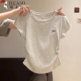 啄木鸟正肩短袖t恤女圆领蝴蝶结刺绣夏季新款褶皱收腰半袖上衣 花灰 L