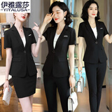 伊雅露莎夏季职业装女套装短袖小西装正装西服通勤修身商务面试工作服8616 黑色西装+裤子 2XL