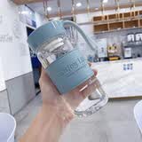 聚瑞谦玻璃水杯耐热高硼硅男女带盖简约透明随手杯带杯套泡茶杯子 浅蓝 480ml