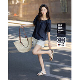 德玛纳【橡筋一字肩圆领两穿】夏季轻盈亚麻棉混纺衬衫气质衬衣女装上衣