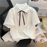 歌诗慧短袖白衬衫女2025夏季新款衬衣学生面试装jk制服学院风上衣宽松 圆角领风琴褶短袖衬衫 M