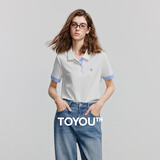 初语撞色条纹翻袖POLO衫女2025夏季新款珠地复古休闲小衫上衣 米白色 M