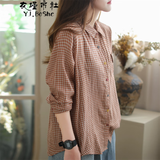衣瑾帛社格子衬衫女春季新款韩版通勤双层棉纱衬衣女长袖宽松休闲打底上衣 橘红色格子 均码 -宽松