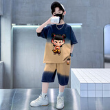 男童套装夏季哪咤衣服儿童服装6-12岁哪吒短袖短裤男孩衣服男2025 藏青色 薄款 1090#渐变青套装 140 码建议身高130-140cm 60-70斤